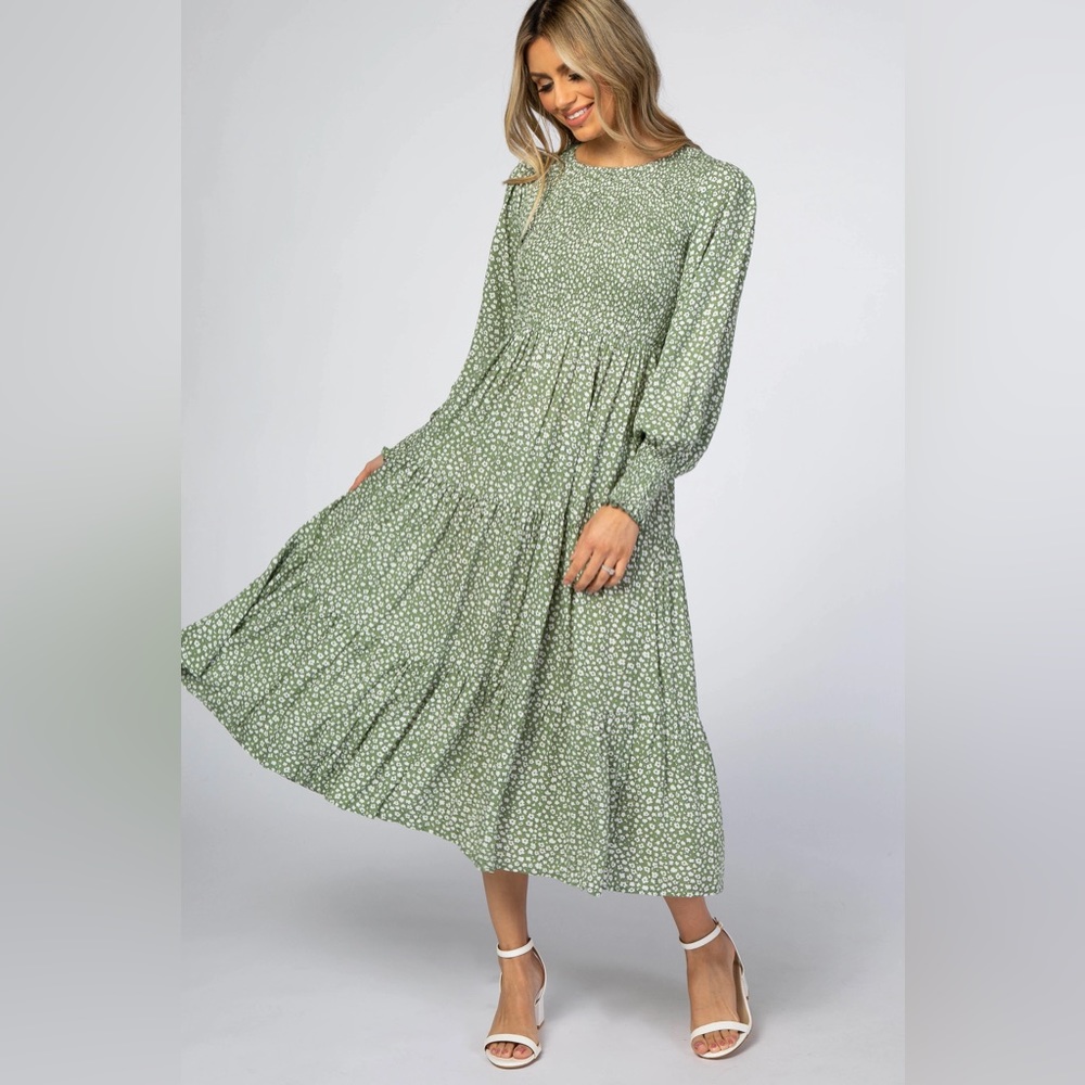 COPY - Pinkblush- Light Olive Floral Smocked Front Tiered Midi Dress